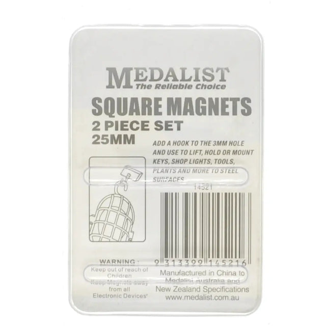 Packaging of Medalist square magnets with text and a diagram on a white background