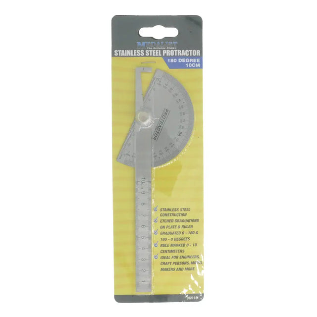 Stainless steel protractor in packaging on a white background