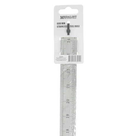 Metal ruler with measurement markings on a white background