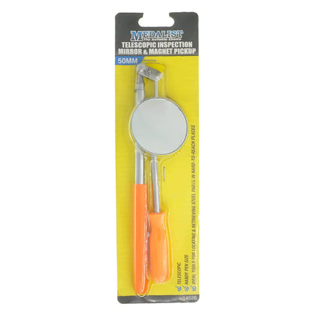 Telescopic inspection mirror and magnet pickup tool with packaging on a white background