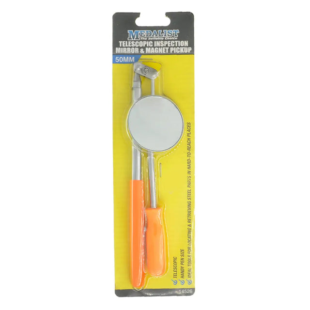 Telescopic inspection mirror and magnet pickup tool with packaging on a white background