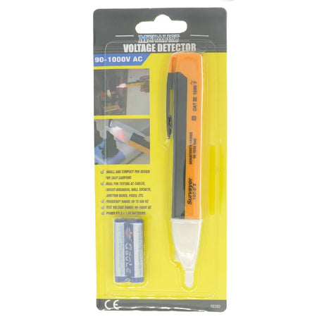 Voltage detector in packaging with visible brand name on a white background