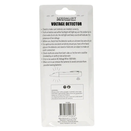 Back of a voltage detector packaging with text and branding.
