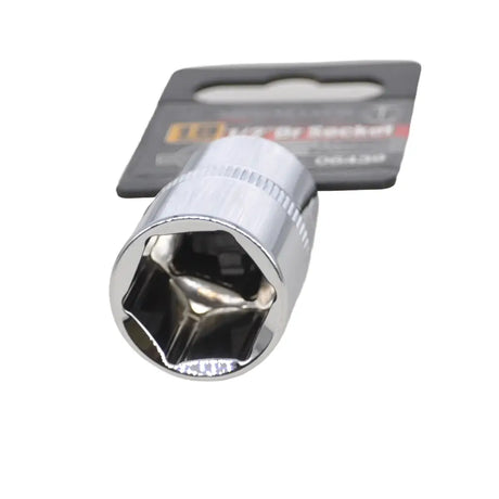 Metal socket tool with a brand card in the background on a white background