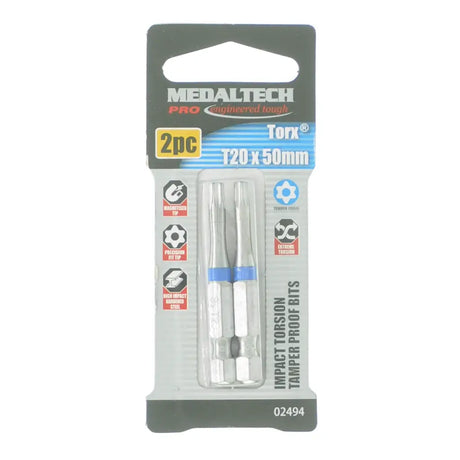 Medaltech Pro Tork 2-piece T120 x 50mm impact torque tamper proof bits in retail blister packaging, shown on a plain white background.