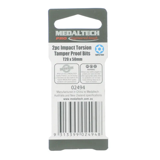 Medaltech Pro Commercial Range 2pc Impact Tension Tamper Proof Bits 120 x 50mm in retail packaging, featuring a white and dark gray card with a barcode and product details.