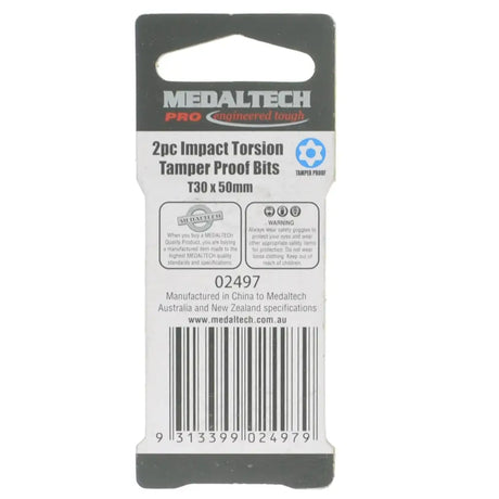 Medaltech Pro Commercial Series 2pc Impact Torsion Tamper Proof Bits T30 x 50mm in retail packaging with a barcode and product specifications.