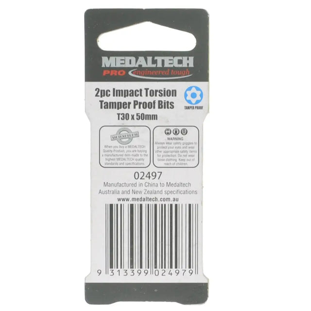 Medaltech Pro Commercial Series 2pc Impact Torsion Tamper Proof Bits T30 x 50mm in retail packaging with a barcode and product specifications.