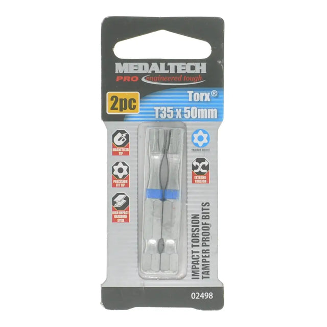 Medaltech Pro Torx T35 x 50mm impact torsion tamper proof bits in retail blister packaging, containing two silver metal bits with blue accents.