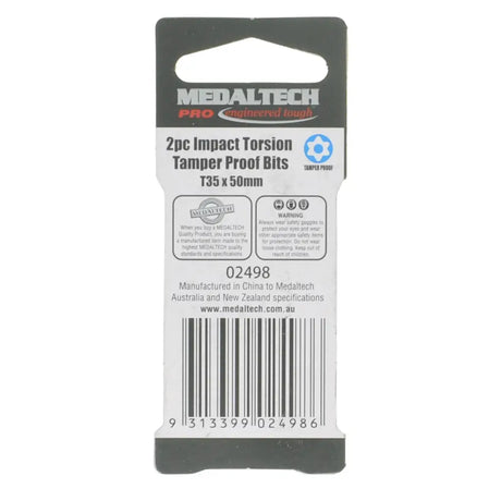 Medaltech Pro Impact Torsion Tamper Proof Bits 2pc set in retail packaging, featuring two 10mm tamper proof bits, shown on a white background.