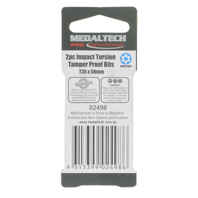 Medaltech Pro Impact Torsion Tamper Proof Bits 2pc set in retail packaging, featuring two 10mm tamper proof bits, shown on a white background.