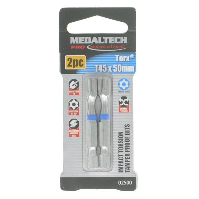Medaltech Pro Torx T45 x 50mm impact torsion tamper proof bits in retail blister packaging, containing two silver metal bits with blue accents.