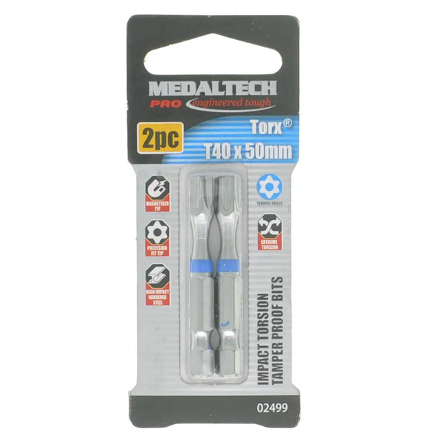 Medaltech Pro Torx T40 x 50mm impact torsion tamper proof bits in a 2-pack, packaged in a retail blister card.