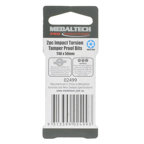 Medaltech Pro 2pc Impact Torsion Tamper Proof Bits T40 x 50mm in retail packaging, featuring a white and dark gray card with product details, a barcode, and a blue circular logo.