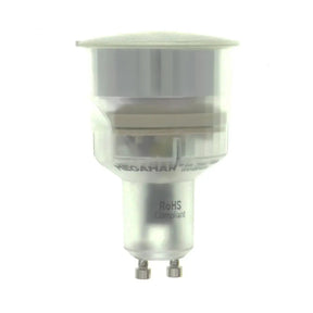 compact fluorescent light bulb with 'RoHS Compliant' label on a white background