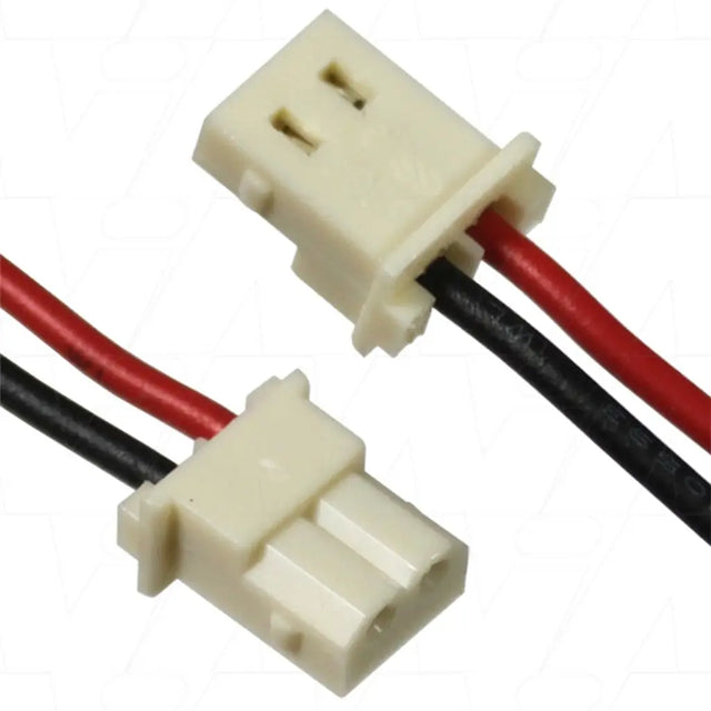 Two wire connectors with red and black wires on a white background
