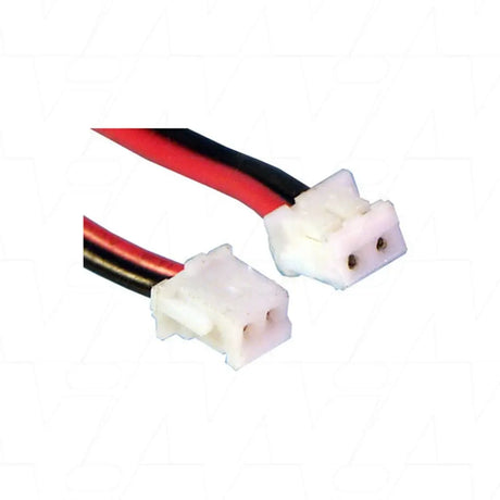 Two electrical connectors with red, black, and white wires on a white background
