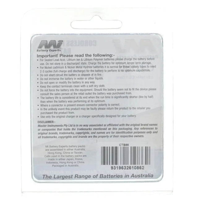 Back of a battery packaging with text and branding on a white background