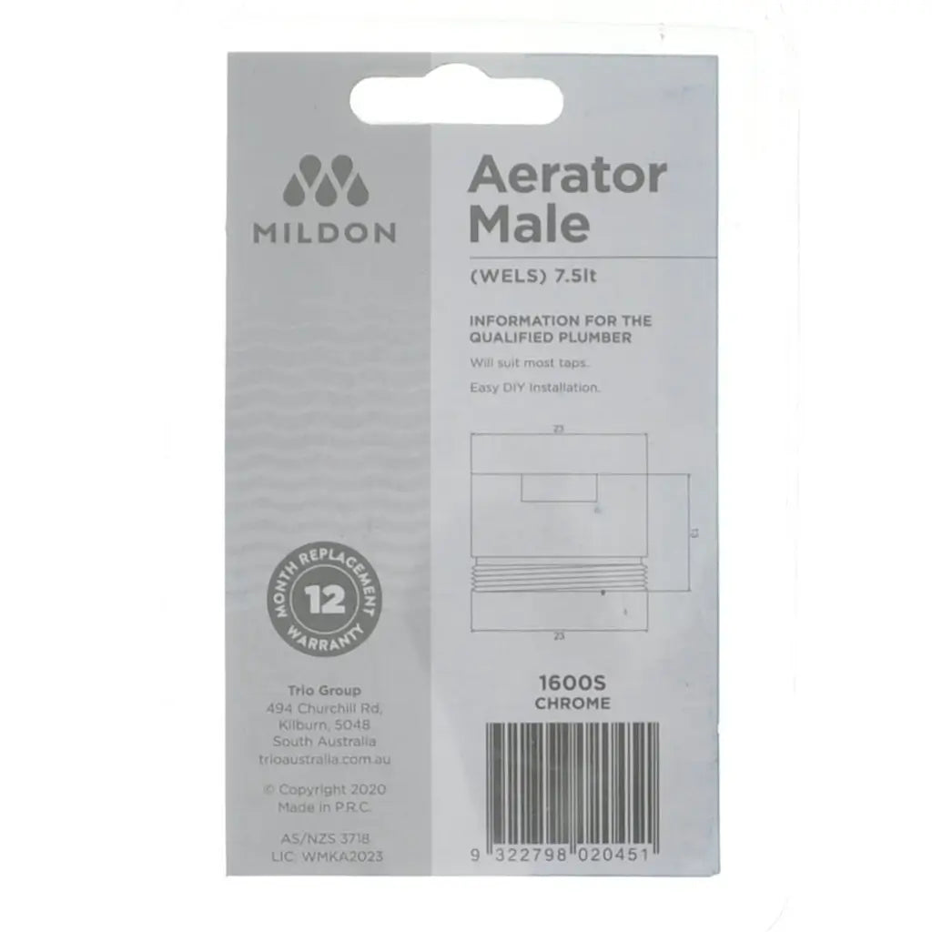 Mildon aerator male packaging with branding and product details on a white background
