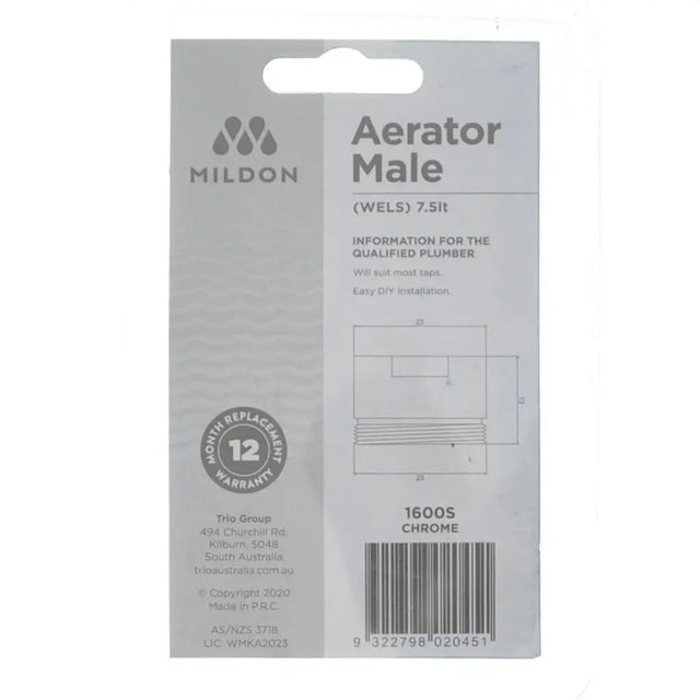Mildon aerator male packaging with branding and product details on a white background