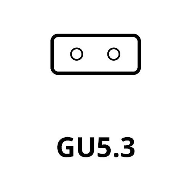 Icon of a rectangular light bulb socket with 'GU5.3' text below on a white background