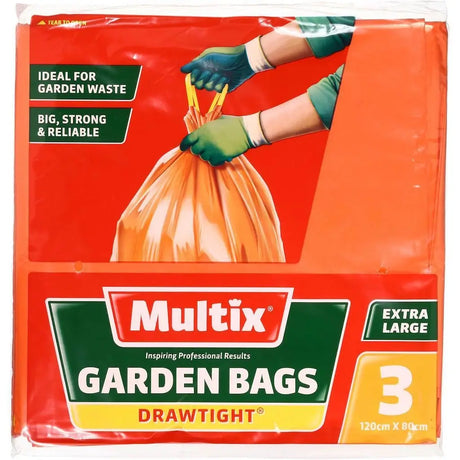 Multix garden bags packaging with a hand holding a bag on a red background