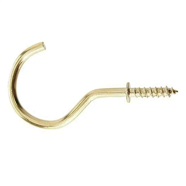 Gold metal hook with screw on a white background