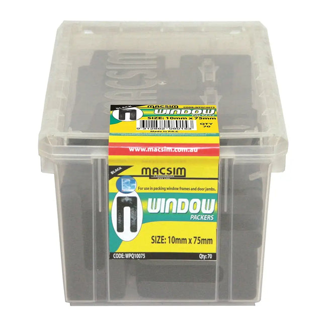 Clear plastic container with window packers and a Macsim branded label on a white background