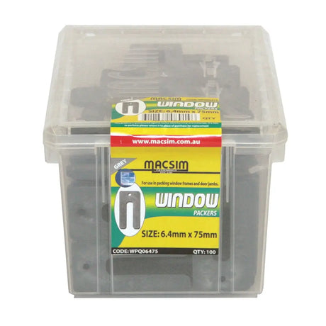 Box of Macsim window packers with a clear lid on a white background