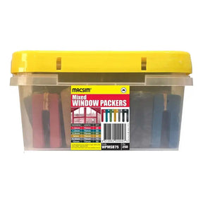 Clear container with yellow lid containing mixed window packers, branded 'Macsim'.