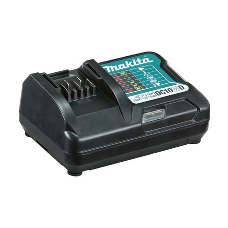 Makita DC10V10D battery charger, black plastic with a teal and white front display panel, shown on a plain white background.