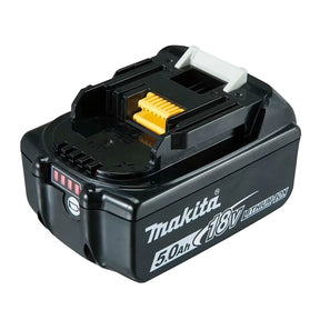 A Makita 18V lithium-ion 5.0Ah cordless battery pack, shown at a three-quarter angle on a plain white background.