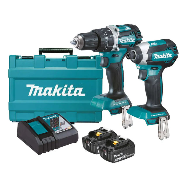Makita power tool set with drill, impact driver, and accessories on a white background