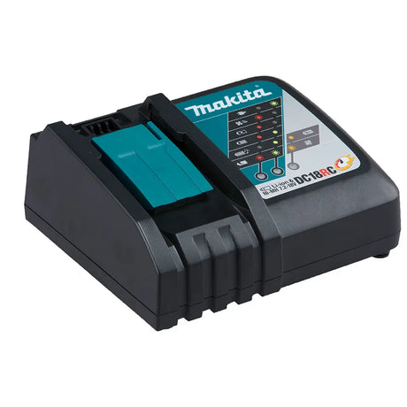 Makita battery charger with a blue battery on a white background