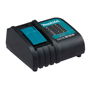 Makita DC18-V battery charger with a black plastic body and teal accents, shown on a plain white background.