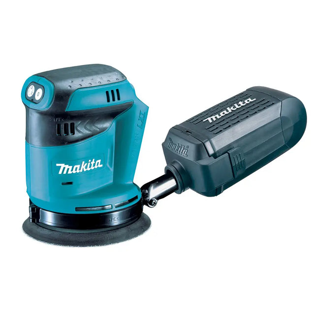 Makita cordless orbital sander with a black circular sanding disc and an attached battery pack, shown on a plain white background.