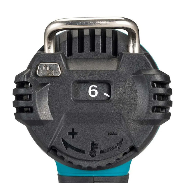 Close-up of the rear side of a cordless drill or impact driver, showing a black textured plastic housing with a silver metal handle attachment, a white '6' marking, and a teal-colored lower section on a white background.