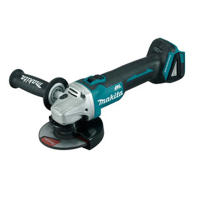 Makite cordless angle grinder with a black and teal body, silver metal housing, and a circular saw blade attachment, shown on a plain white background.