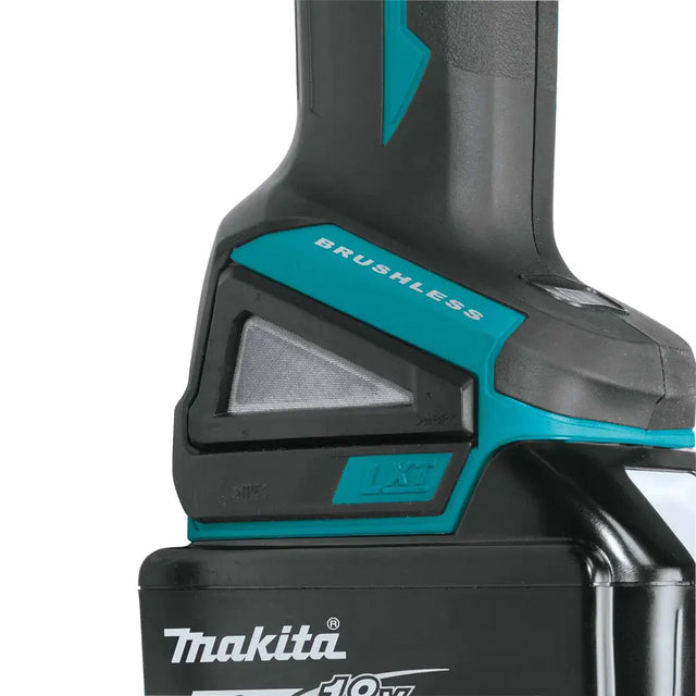Close-up of a Makita cordless power tool showing the battery pack, brushless motor housing, and part of the handle on a white background.