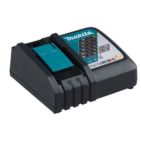Makita DC18V battery charger, model DC18B6, shown on a plain white background. The charger is primarily black with teal accents on the battery indicator area and the Makita logo.