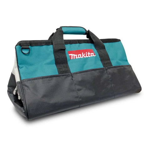 A Makita tool duffel bag in teal and dark gray with black handles and a red and white Makita logo on the front, shown on a white background.