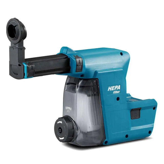 A cordless HEPA filter cleaner attachment with a bright blue body, black hose connector, and clear dust container, shown on a white background.