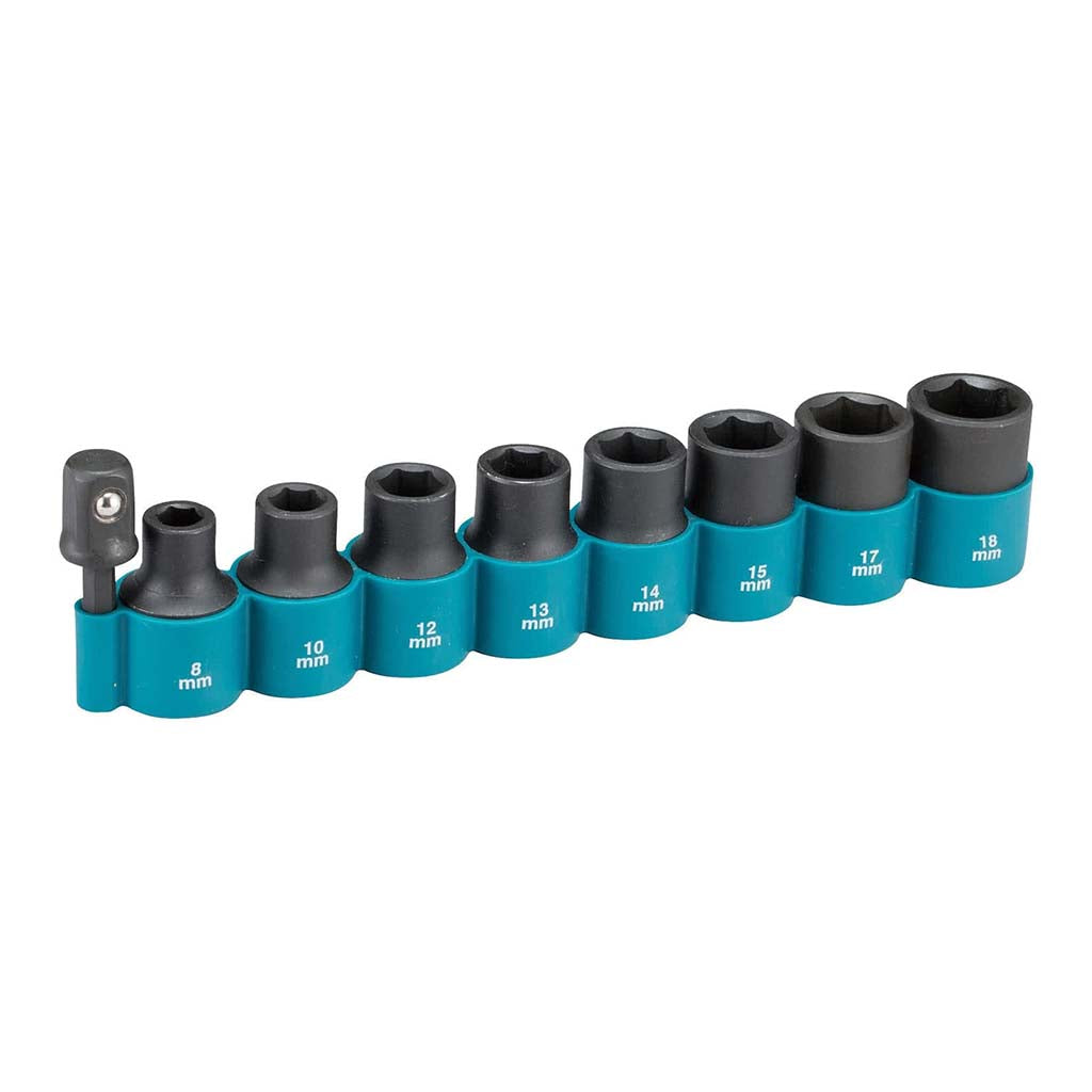 sockets 8, 10, 12, 13, 14, 15, 17 and 18mm along with a 1/4" Hex to 1/2"