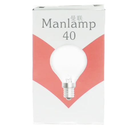 Manlamp 40 light bulb packaging with a white bulb illustration on a red and white background