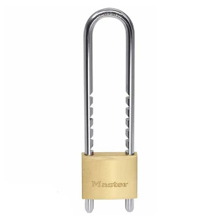Brass padlock with a long shackle on a white background