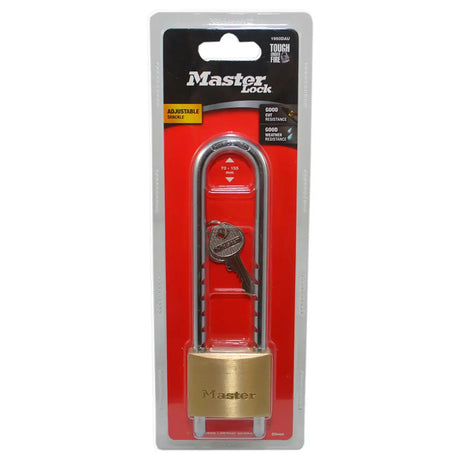 Master Lock padlock with key on a red and black packaging