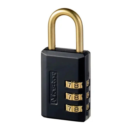 Black combination lock with gold shackle on a white background