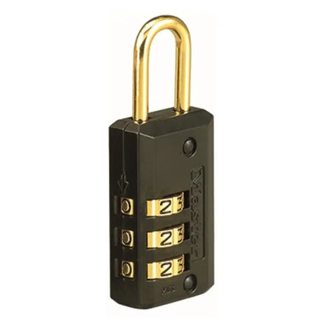Black combination lock with gold shackle on a white background