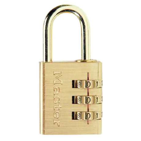 Gold-colored combination lock on a white background