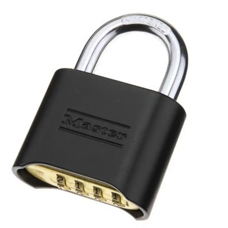 Black combination lock with visible 'Master' branding on a white background
